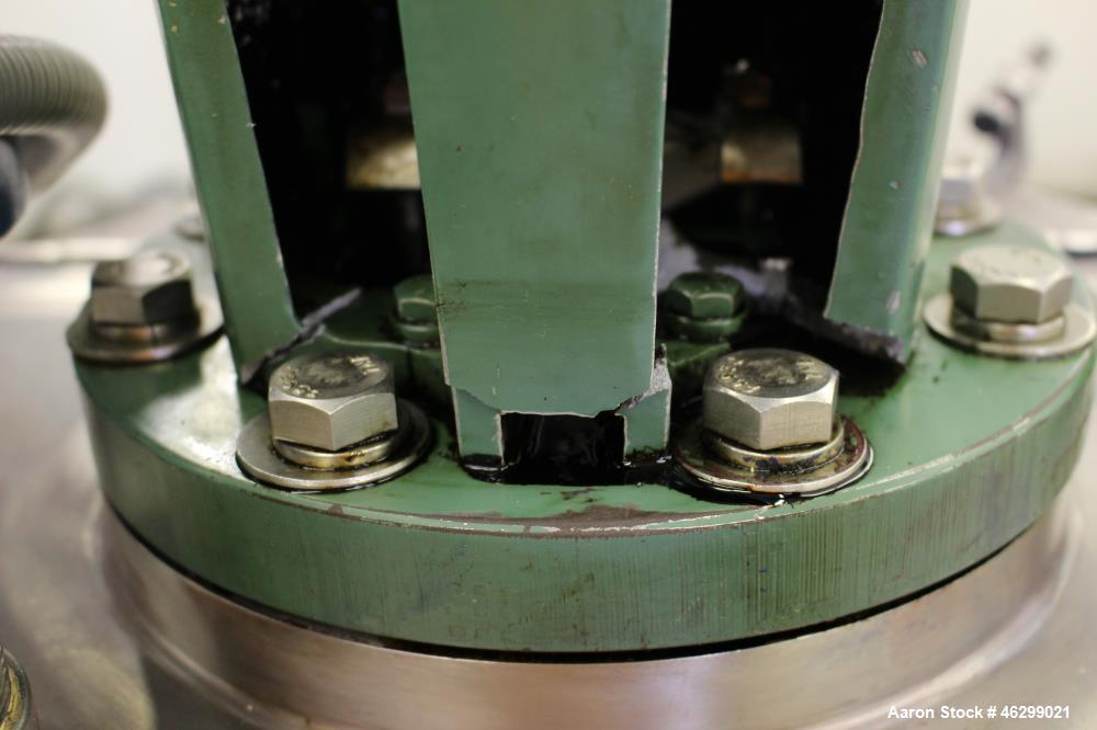 Used Tank, Approximately 40 Gallons, 304 Stainless Steel, Vertical. 20" Diameter x 30" straight side. Bolt-on flat top with 1/4 hinged cover, dished bottom. Top entering Lightnin agitator model XJC-3...
