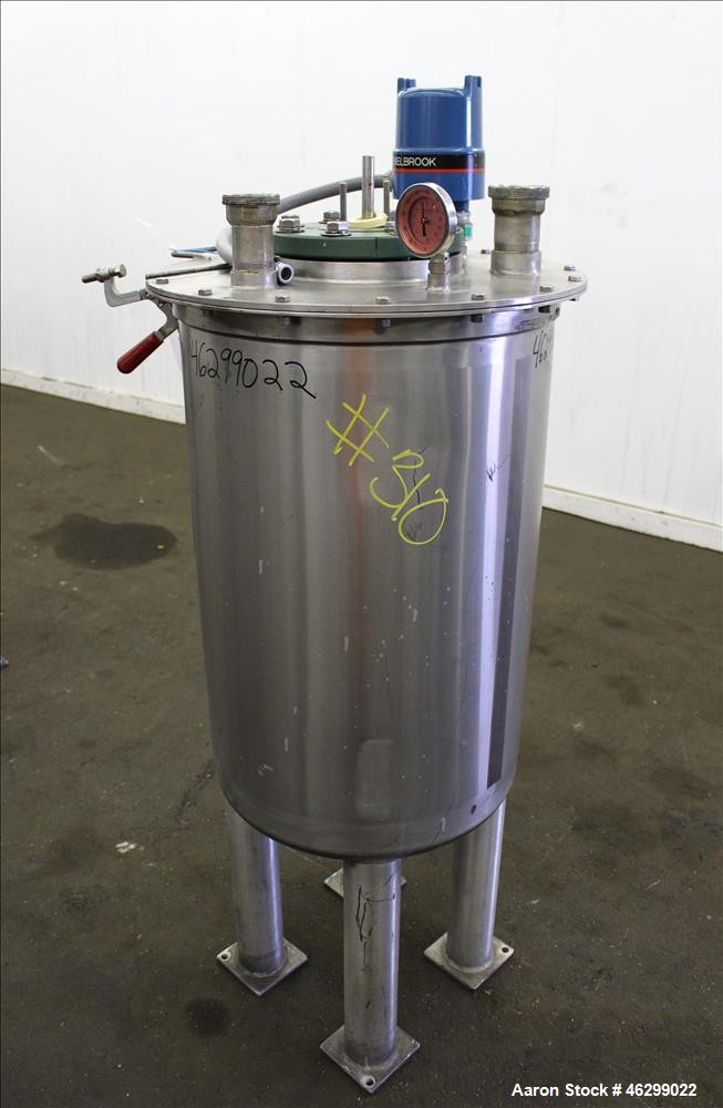 Used Tank, Approximately 40 Gallons, 304 Stainless Steel, Vertical. 20" Diameter x 30" straight side. Bolt-on flat top with 1/4 hinged cover, dished bottom. Top entering agitator (no motor), with 1" ...