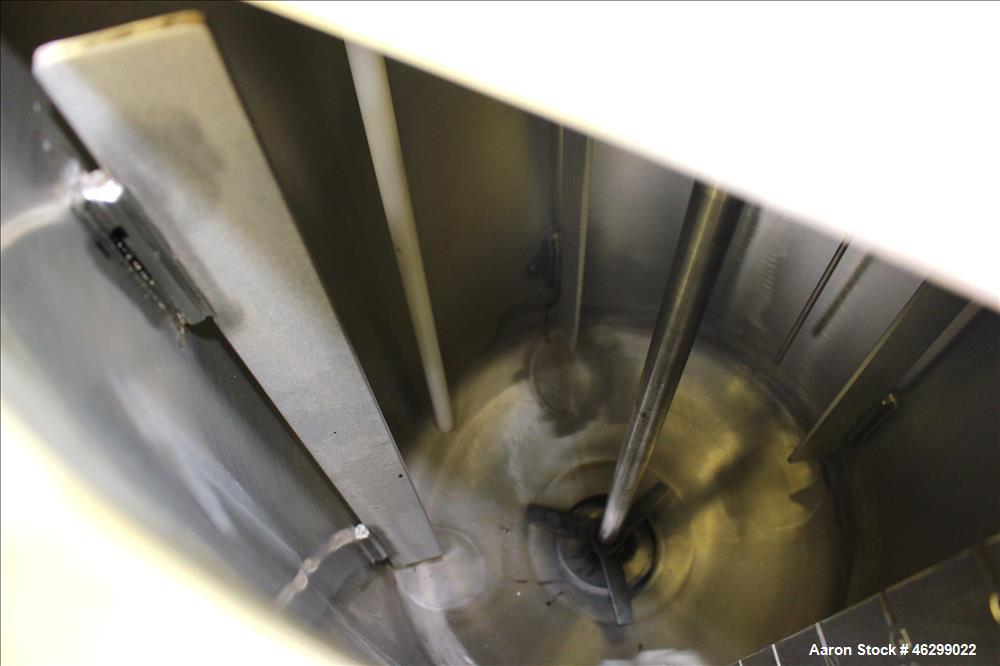 Used Tank, Approximately 40 Gallons, 304 Stainless Steel, Vertical. 20" Diameter x 30" straight side. Bolt-on flat top with 1/4 hinged cover, dished bottom. Top entering agitator (no motor), with 1" ...