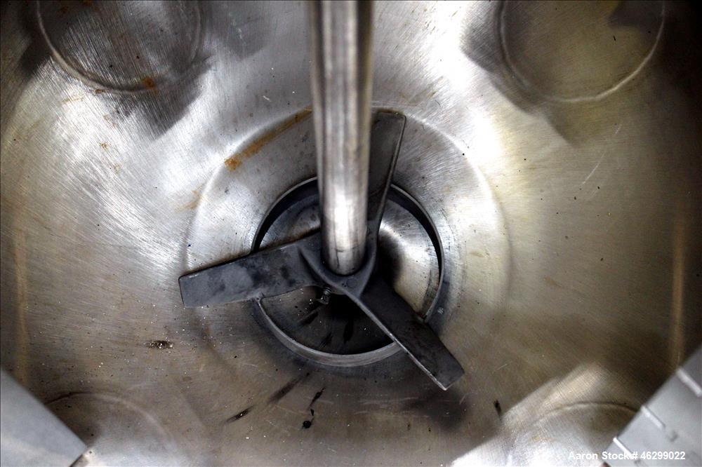 Used Tank, Approximately 40 Gallons, 304 Stainless Steel, Vertical. 20" Diameter x 30" straight side. Bolt-on flat top with 1/4 hinged cover, dished bottom. Top entering agitator (no motor), with 1" ...