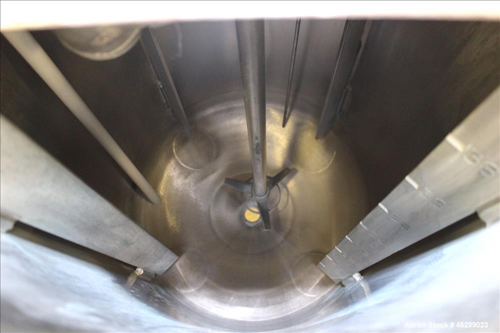 Used Tank, Approximately 40 Gallons, 304 Stainless Steel, Vertical. 20" Diameter x 30" straight side. Bolt-on flat top with 1/4 hinged cover, dished bottom. Top entering Lightnin agitator model XJC-3...