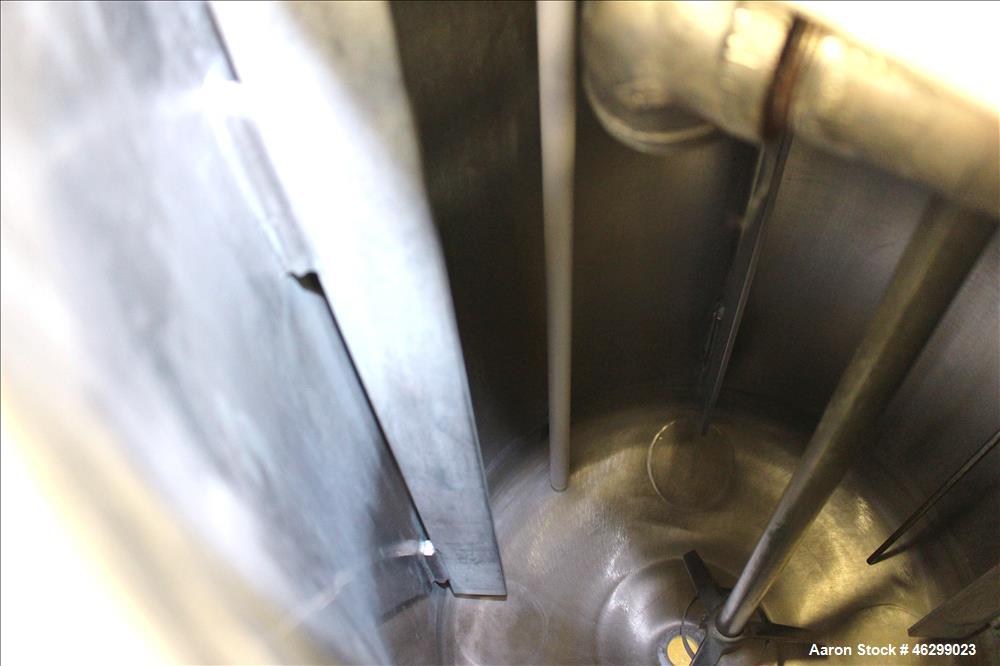 Used Tank, Approximately 40 Gallons, 304 Stainless Steel, Vertical. 20" Diameter x 30" straight side. Bolt-on flat top with 1/4 hinged cover, dished bottom. Top entering Lightnin agitator model XJC-3...