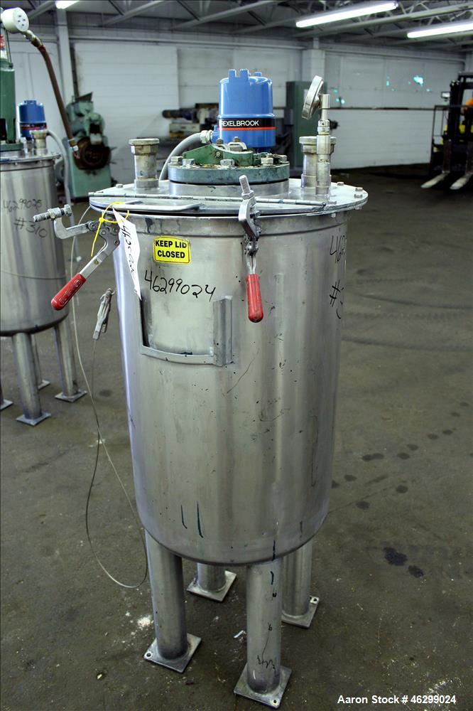 Used Tank, Approximately 40 Gallons, 304 Stainless Steel, Vertical. 20" Diameter x 30" straight side. Bolt-on flat top with 1/4 hinged cover, dished bottom. Top entering agitator (no motor), with 1" ...