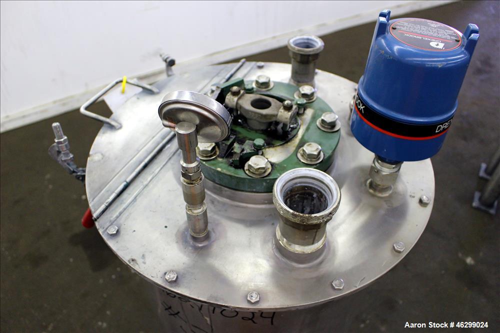 Used Tank, Approximately 40 Gallons, 304 Stainless Steel, Vertical. 20" Diameter x 30" straight side. Bolt-on flat top with 1/4 hinged cover, dished bottom. Top entering agitator (no motor), with 1" ...