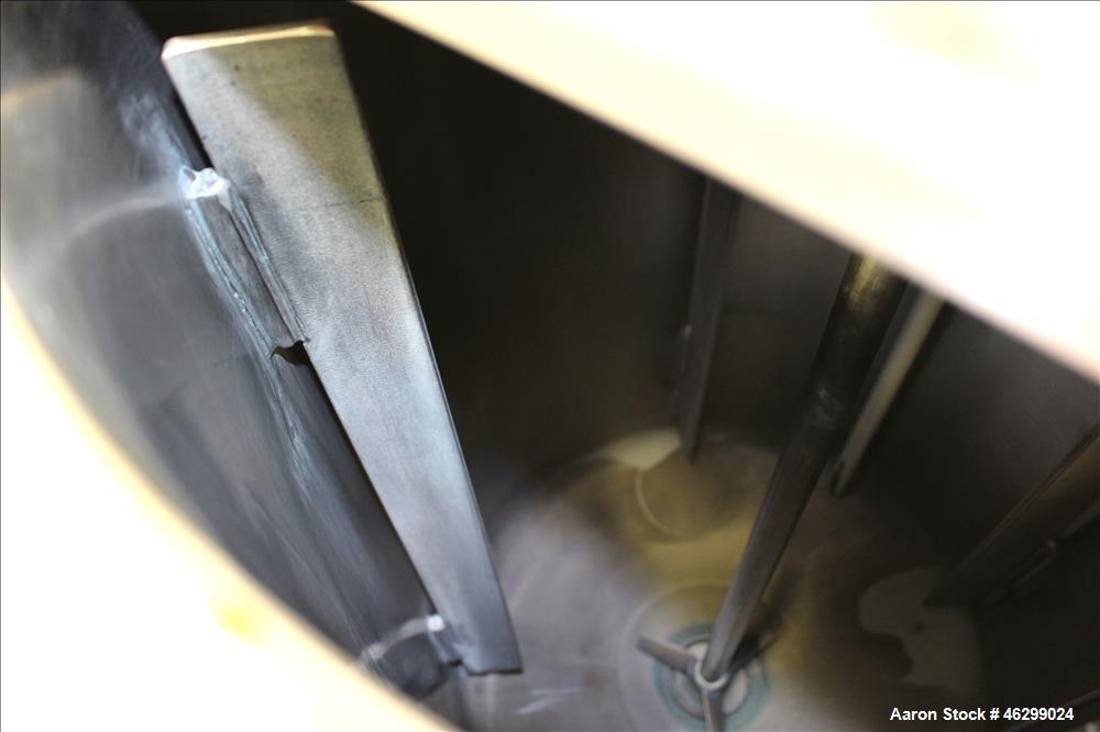 Used Tank, Approximately 40 Gallons, 304 Stainless Steel, Vertical. 20" Diameter x 30" straight side. Bolt-on flat top with 1/4 hinged cover, dished bottom. Top entering agitator (no motor), with 1" ...