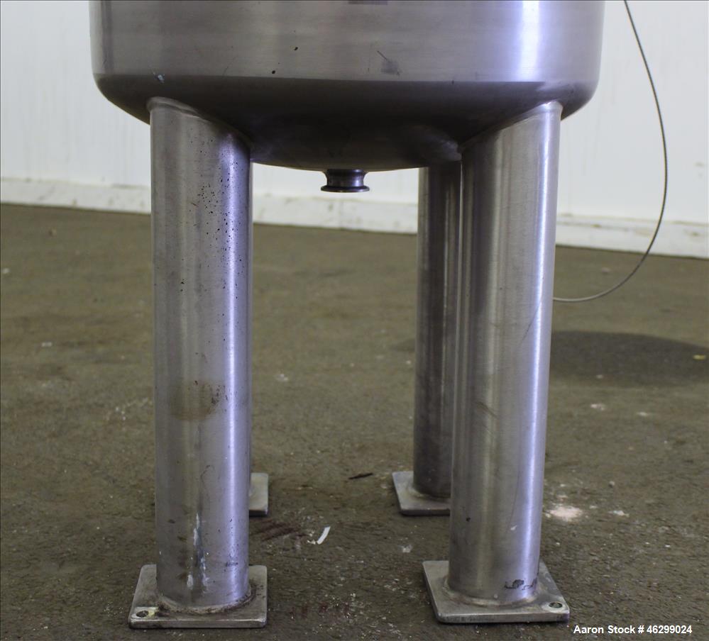 Used Tank, Approximately 40 Gallons, 304 Stainless Steel, Vertical. 20" Diameter x 30" straight side. Bolt-on flat top with 1/4 hinged cover, dished bottom. Top entering agitator (no motor), with 1" ...