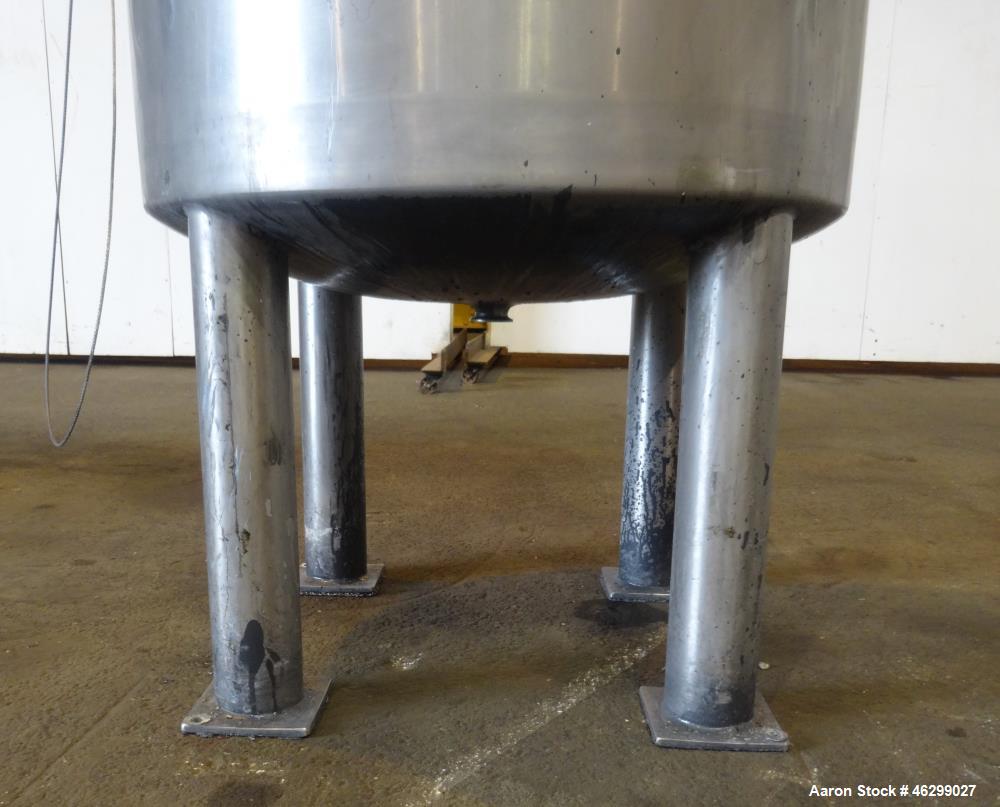 Used Tank, Approximately 80 Gallons, 304 Stainless Steel, Vertical. 30" Diameter x 28" straight side. Bolt-on flat top with 1/3 hinged cover, dished bottom. Top entering Lightnin agitator model XJC-3...