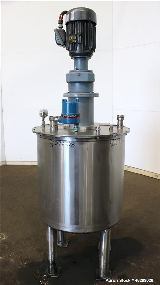 Used Tank, Approximately 80 Gallons, 304 Stainless Steel, Vertical. 30" Diameter x 28" straight side. Bolt-on flat top with 1/3 hinged cover, dished bottom. Top entering agitator, with 2" diameter sh...