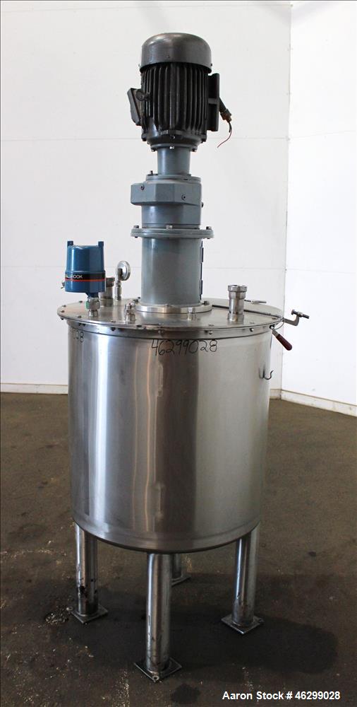 Used Tank, Approximately 80 Gallons, 304 Stainless Steel, Vertical. 30" Diameter x 28" straight side. Bolt-on flat top with 1/3 hinged cover, dished bottom. Top entering agitator, with 2" diameter sh...