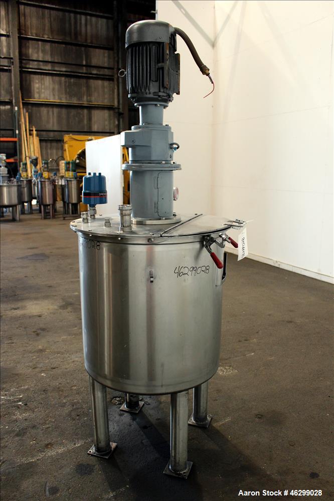 Used Tank, Approximately 80 Gallons, 304 Stainless Steel, Vertical. 30" Diameter x 28" straight side. Bolt-on flat top with 1/3 hinged cover, dished bottom. Top entering agitator, with 2" diameter sh...