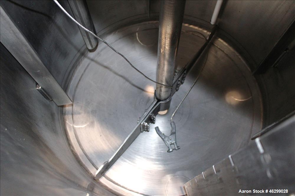 Used Tank, Approximately 80 Gallons, 304 Stainless Steel, Vertical. 30" Diameter x 28" straight side. Bolt-on flat top with 1/3 hinged cover, dished bottom. Top entering agitator, with 2" diameter sh...