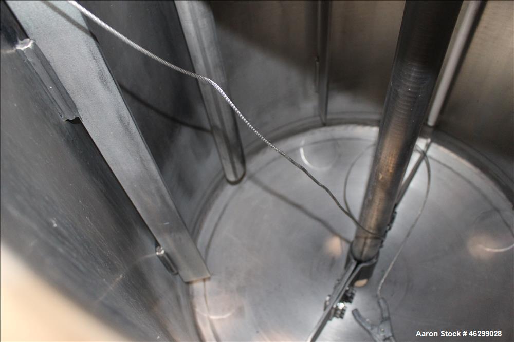 Used Tank, Approximately 80 Gallons, 304 Stainless Steel, Vertical. 30" Diameter x 28" straight side. Bolt-on flat top with 1/3 hinged cover, dished bottom. Top entering agitator, with 2" diameter sh...