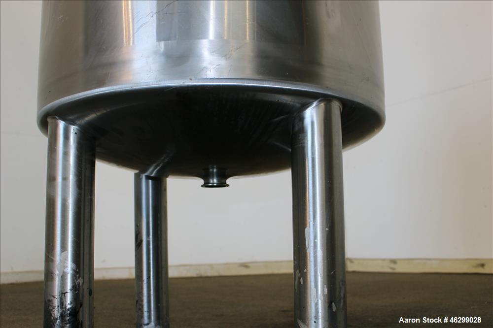 Used Tank, Approximately 80 Gallons, 304 Stainless Steel, Vertical. 30" Diameter x 28" straight side. Bolt-on flat top with 1/3 hinged cover, dished bottom. Top entering agitator, with 2" diameter sh...