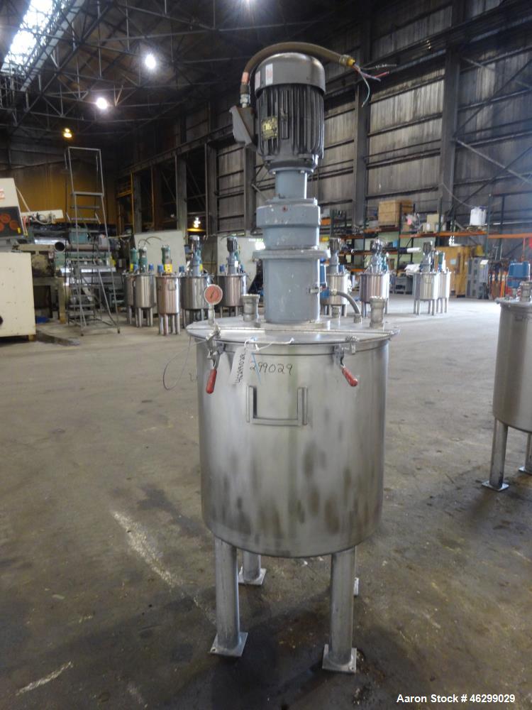 Used Tank, Approximately 80 Gallons, 304 Stainless Steel, Vertical. 30" Diameter x 28" straight side. Bolt-on flat top with 1/3 hinged cover, dished bottom. Top entering agitator, with 2" diameter sh...