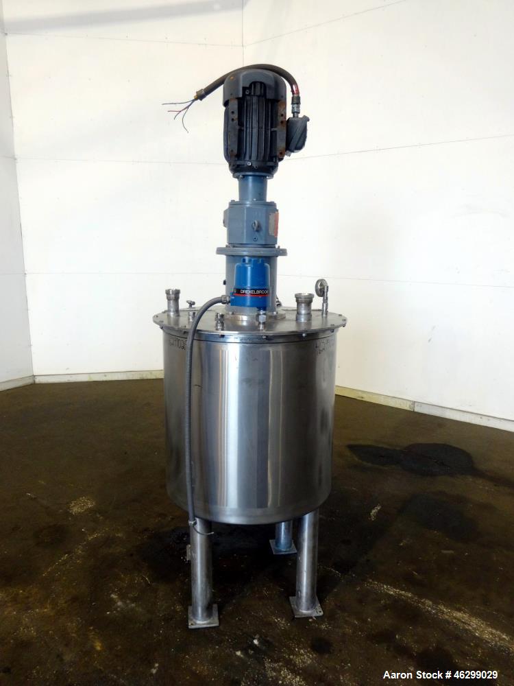 Used Tank, Approximately 80 Gallons, 304 Stainless Steel, Vertical. 30" Diameter x 28" straight side. Bolt-on flat top with 1/3 hinged cover, dished bottom. Top entering agitator, with 2" diameter sh...