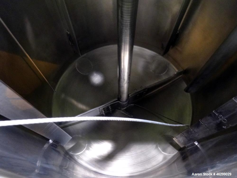 Used Tank, Approximately 80 Gallons, 304 Stainless Steel, Vertical. 30" Diameter x 28" straight side. Bolt-on flat top with 1/3 hinged cover, dished bottom. Top entering agitator, with 2" diameter sh...