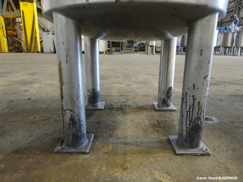 Used Tank, Approximately 80 Gallons, 304 Stainless Steel, Vertical. 30" Diameter x 28" straight side. Bolt-on flat top with 1/3 hinged cover, dished bottom. Top entering agitator, with 2" diameter sh...