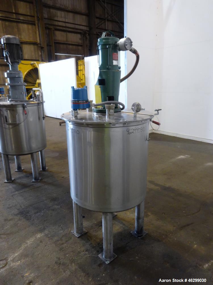 Used Tank, Approximately 80 Gallons, 304 Stainless Steel, Vertical. 30" Diameter x 28" straight side. Bolt-on flat top with 1/3 hinged cover, dished bottom. Top entering Lightnin agitator model XJC-3...