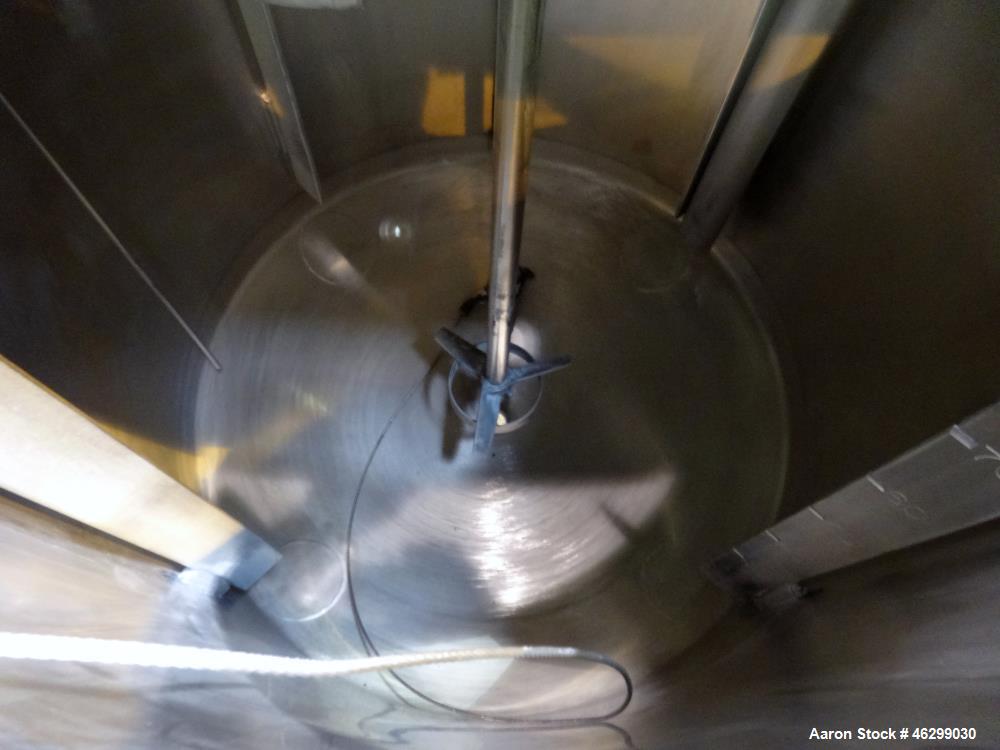 Used Tank, Approximately 80 Gallons, 304 Stainless Steel, Vertical. 30" Diameter x 28" straight side. Bolt-on flat top with 1/3 hinged cover, dished bottom. Top entering Lightnin agitator model XJC-3...