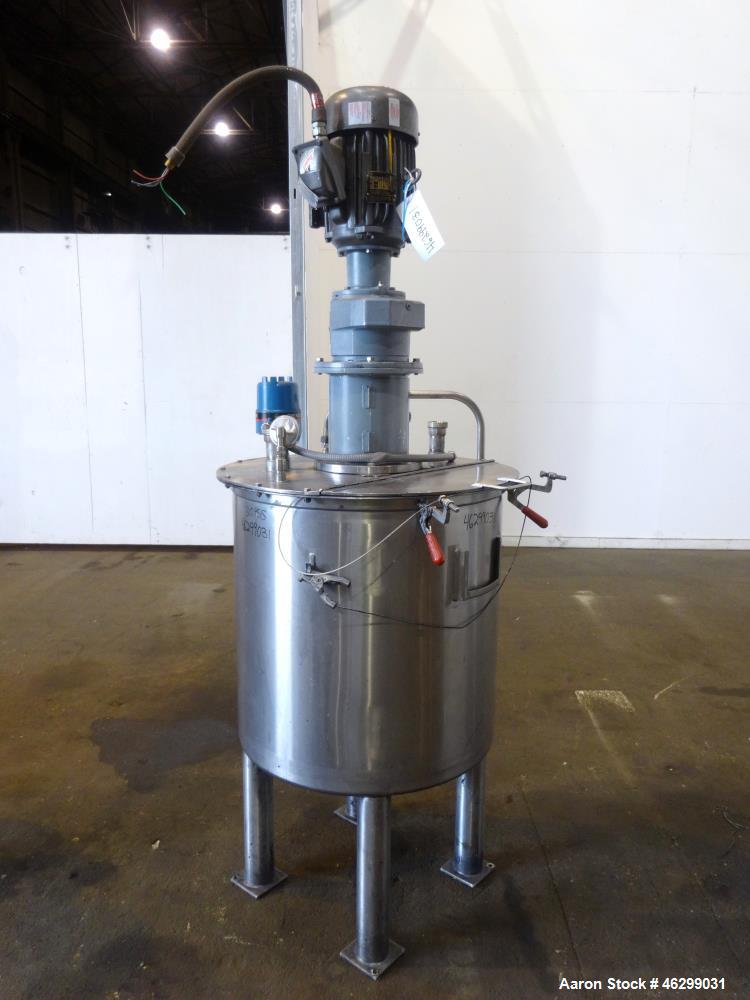 Used Tank, Approximately 80 Gallons, 304 Stainless Steel, Vertical. 30" Diameter x 28" straight side. Bolt-on flat top with 1/3 hinged cover, dished bottom. Top entering agitator, with 2" diameter sh...
