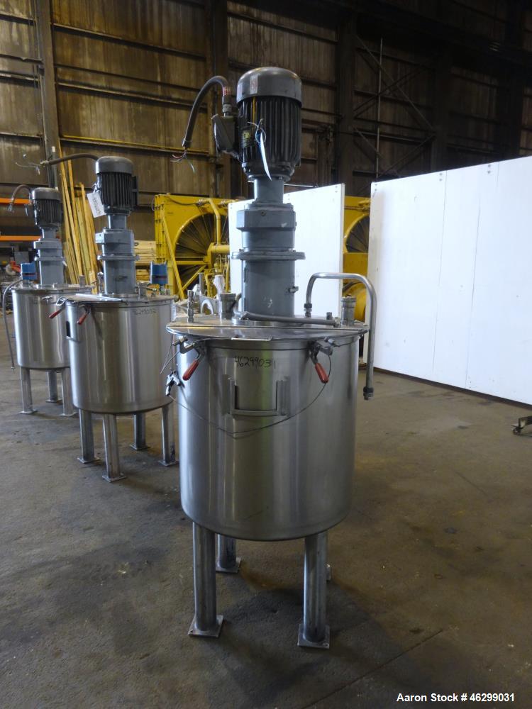Used Tank, Approximately 80 Gallons, 304 Stainless Steel, Vertical. 30" Diameter x 28" straight side. Bolt-on flat top with 1/3 hinged cover, dished bottom. Top entering agitator, with 2" diameter sh...
