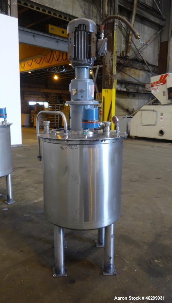 Used Tank, Approximately 80 Gallons, 304 Stainless Steel, Vertical. 30" Diameter x 28" straight side. Bolt-on flat top with 1/3 hinged cover, dished bottom. Top entering agitator, with 2" diameter sh...