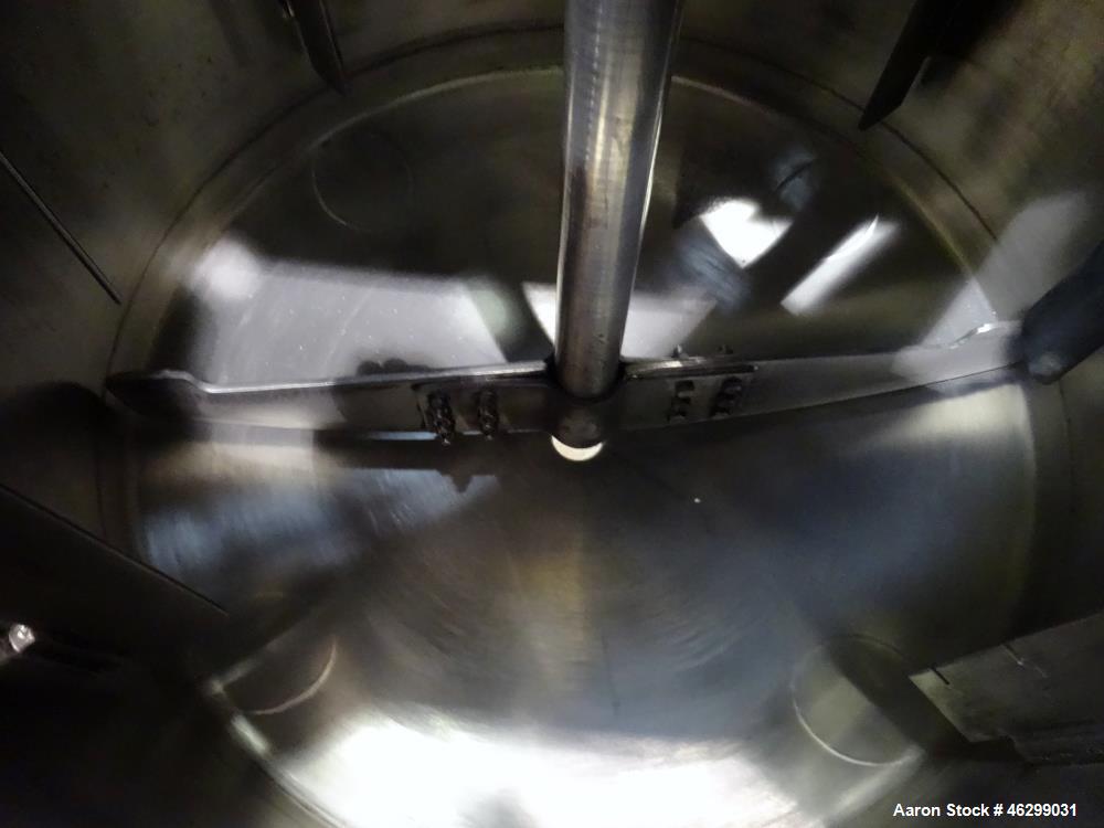 Used Tank, Approximately 80 Gallons, 304 Stainless Steel, Vertical. 30" Diameter x 28" straight side. Bolt-on flat top with 1/3 hinged cover, dished bottom. Top entering agitator, with 2" diameter sh...