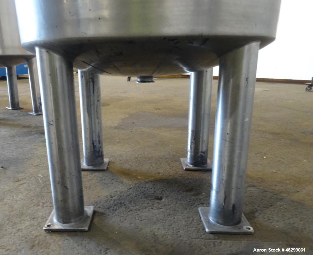 Used Tank, Approximately 80 Gallons, 304 Stainless Steel, Vertical. 30" Diameter x 28" straight side. Bolt-on flat top with 1/3 hinged cover, dished bottom. Top entering agitator, with 2" diameter sh...