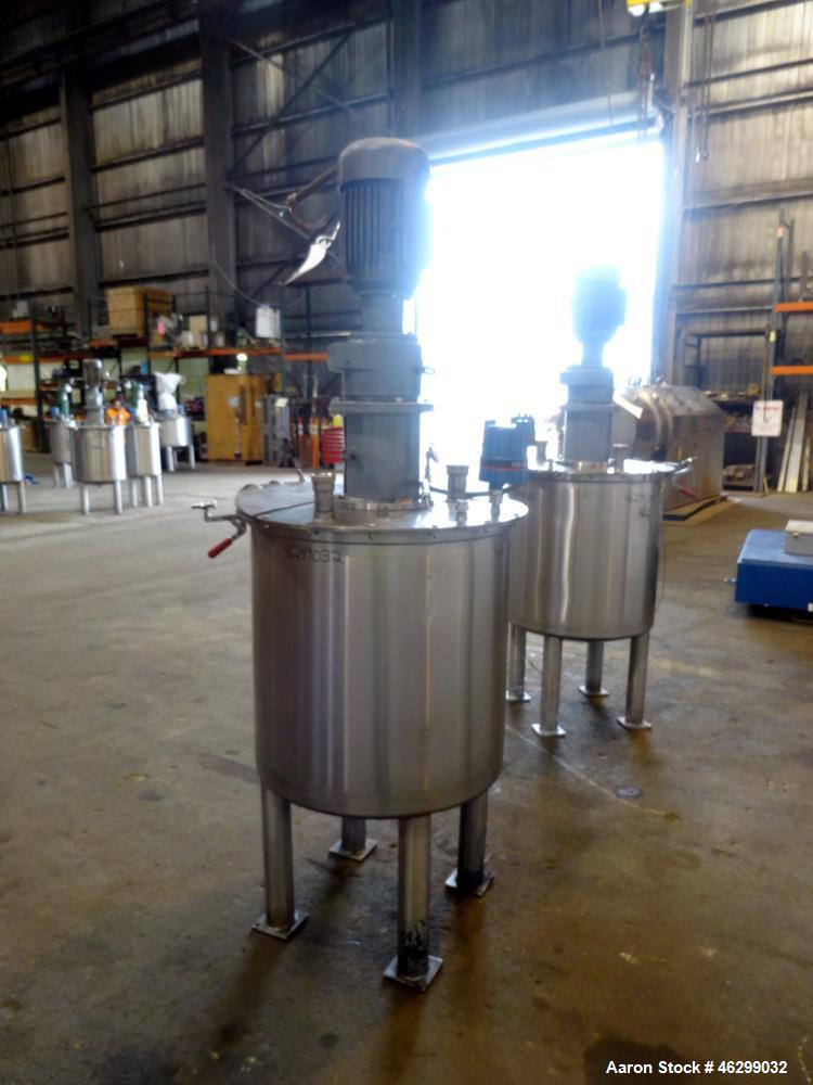 Used Tank, Approximately 80 Gallons, 304 Stainless Steel, Vertical. 30" Diameter x 28" straight side. Bolt-on flat top with 1/3 hinged cover, dished bottom. Top entering agitator, with 2" diameter sh...