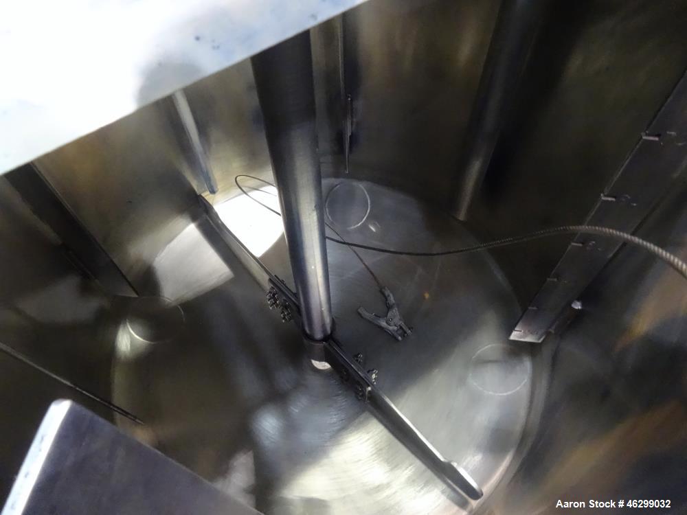 Used Tank, Approximately 80 Gallons, 304 Stainless Steel, Vertical. 30" Diameter x 28" straight side. Bolt-on flat top with 1/3 hinged cover, dished bottom. Top entering agitator, with 2" diameter sh...