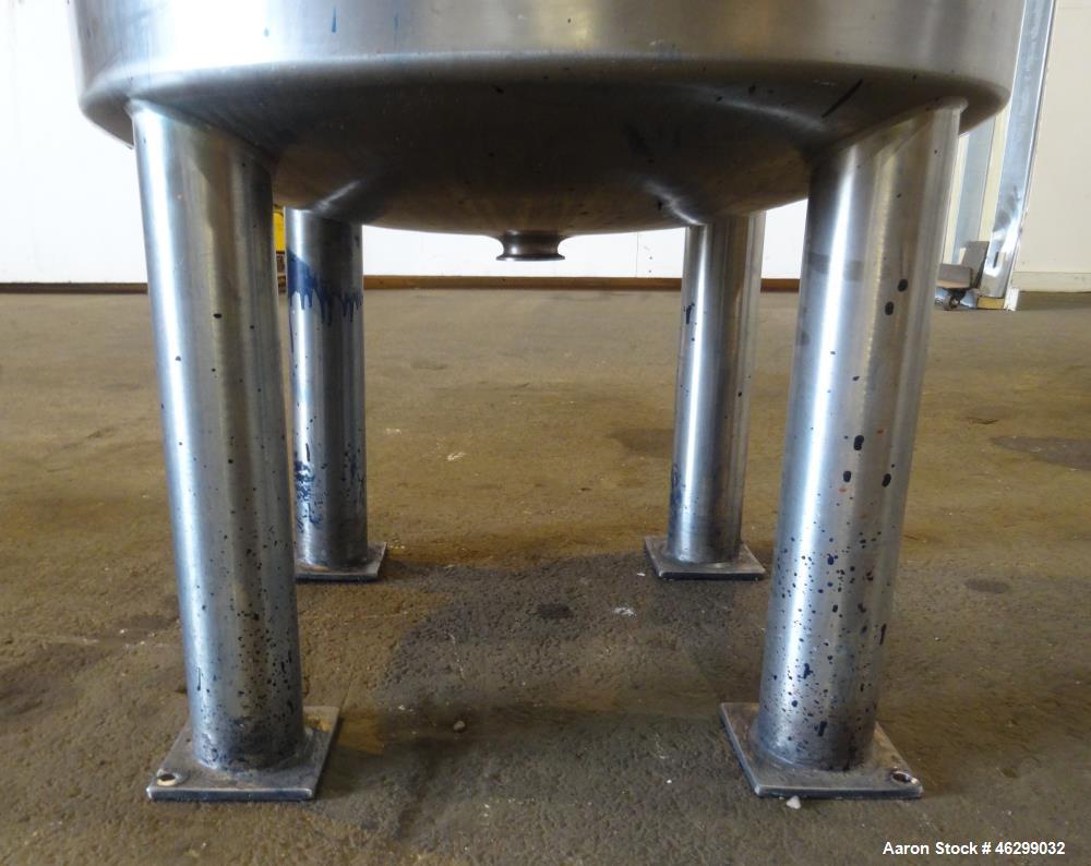 Used Tank, Approximately 80 Gallons, 304 Stainless Steel, Vertical. 30" Diameter x 28" straight side. Bolt-on flat top with 1/3 hinged cover, dished bottom. Top entering agitator, with 2" diameter sh...