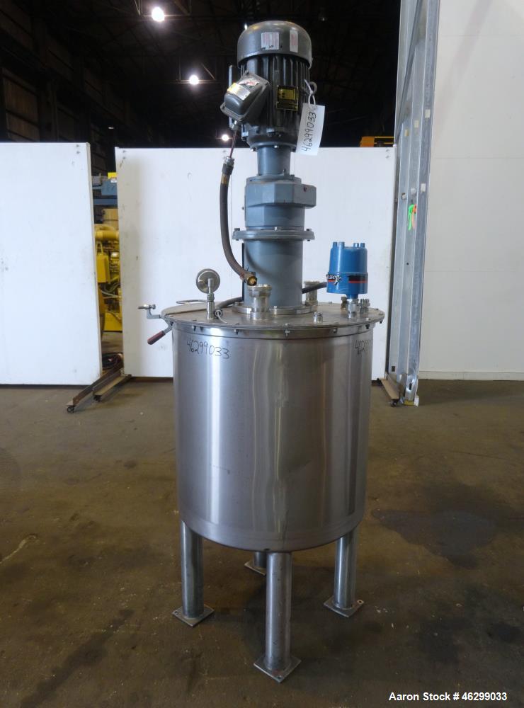 Used Tank, Approximately 80 Gallons, 304 Stainless Steel, Vertical. 30" Diameter x 28" straight side. Bolt-on flat top with 1/3 hinged cover, dished bottom. Top entering agitator, with 2" diameter sh...