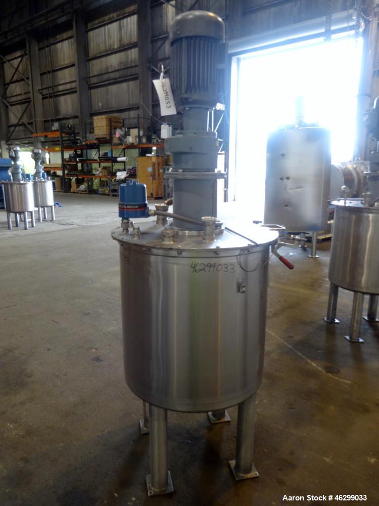 Used Tank, Approximately 80 Gallons, 304 Stainless Steel, Vertical. 30" Diameter x 28" straight side. Bolt-on flat top with 1/3 hinged cover, dished bottom. Top entering agitator, with 2" diameter sh...