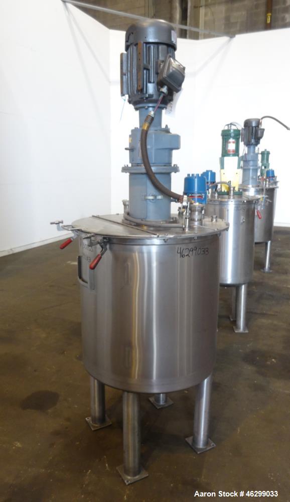 Used Tank, Approximately 80 Gallons, 304 Stainless Steel, Vertical. 30" Diameter x 28" straight side. Bolt-on flat top with 1/3 hinged cover, dished bottom. Top entering agitator, with 2" diameter sh...