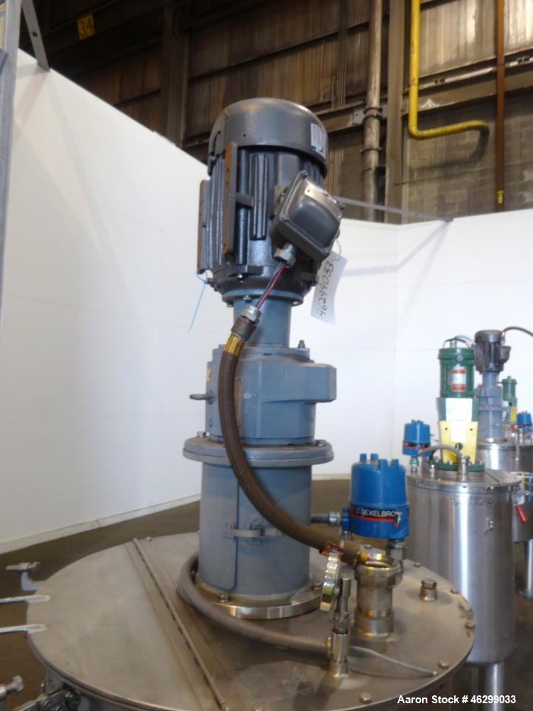 Used Tank, Approximately 80 Gallons, 304 Stainless Steel, Vertical. 30" Diameter x 28" straight side. Bolt-on flat top with 1/3 hinged cover, dished bottom. Top entering agitator, with 2" diameter sh...