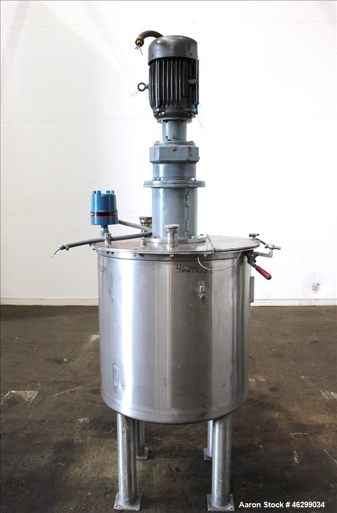 Used Tank, Approximately 80 Gallons, 304 Stainless Steel, Vertical. 30" Diameter x 28" straight side. Bolt-on flat top with 1/3 hinged cover, dished bottom. Top entering agitator, with 2" diameter sh...
