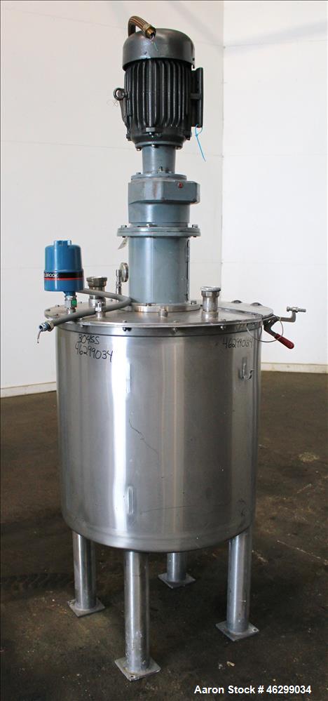 Used Tank, Approximately 80 Gallons, 304 Stainless Steel, Vertical. 30" Diameter x 28" straight side. Bolt-on flat top with 1/3 hinged cover, dished bottom. Top entering agitator, with 2" diameter sh...