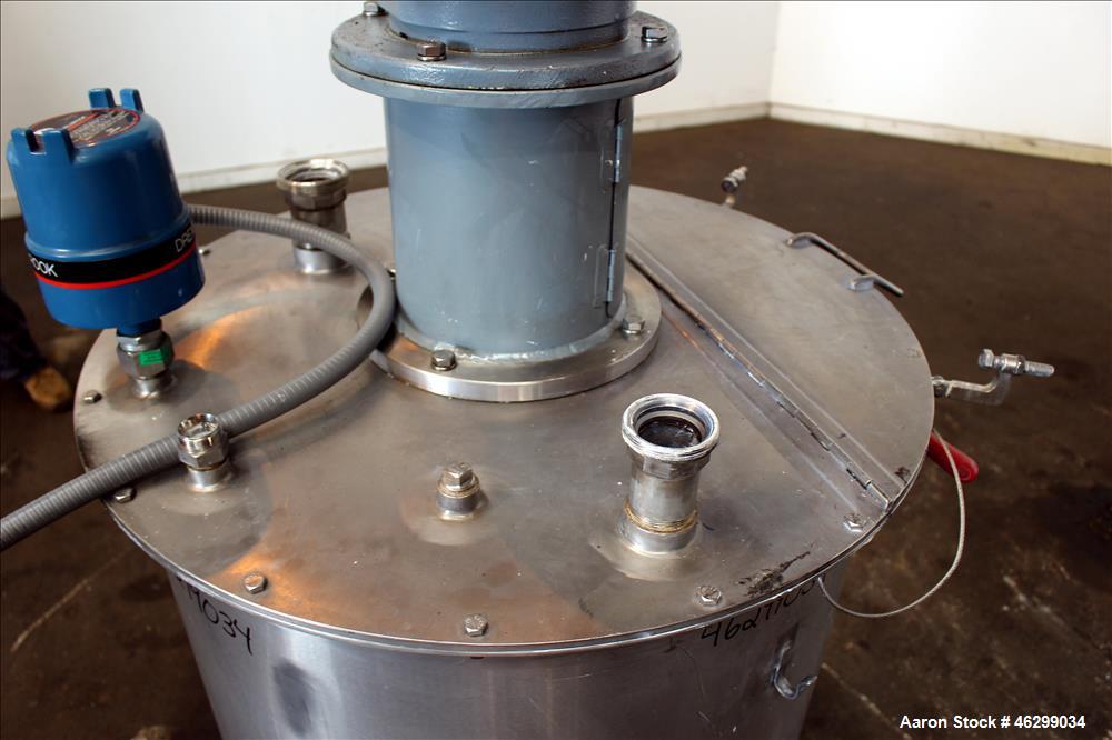 Used Tank, Approximately 80 Gallons, 304 Stainless Steel, Vertical. 30" Diameter x 28" straight side. Bolt-on flat top with 1/3 hinged cover, dished bottom. Top entering agitator, with 2" diameter sh...