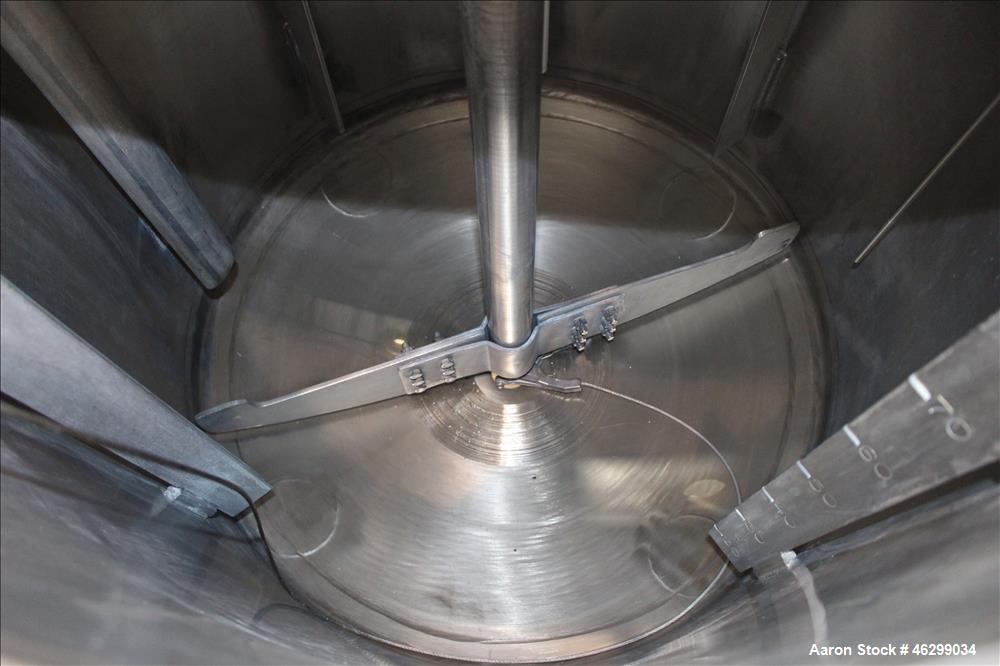 Used Tank, Approximately 80 Gallons, 304 Stainless Steel, Vertical. 30" Diameter x 28" straight side. Bolt-on flat top with 1/3 hinged cover, dished bottom. Top entering agitator, with 2" diameter sh...