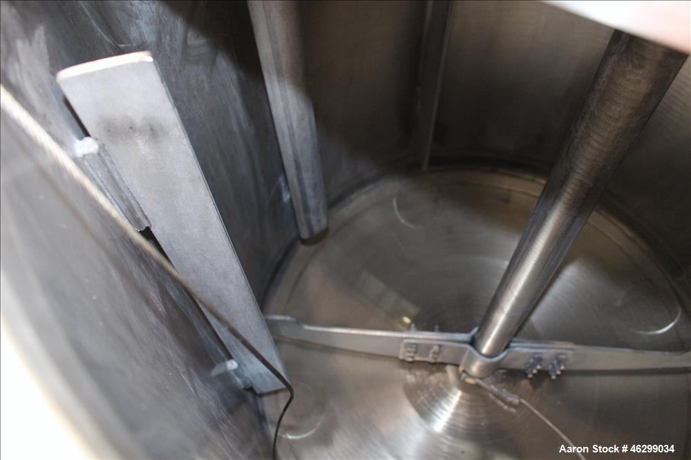 Used Tank, Approximately 80 Gallons, 304 Stainless Steel, Vertical. 30" Diameter x 28" straight side. Bolt-on flat top with 1/3 hinged cover, dished bottom. Top entering agitator, with 2" diameter sh...