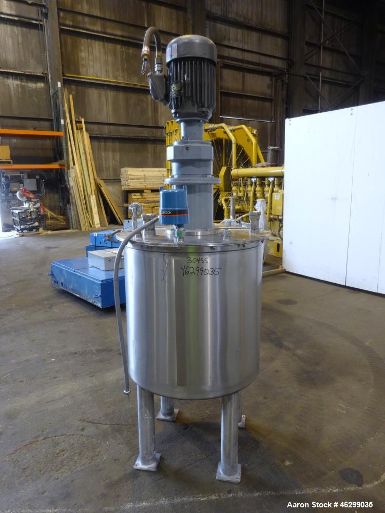 Used Tank, Approximately 80 Gallons, 304 Stainless Steel, Vertical. 30" Diameter x 28" straight side. Bolt-on flat top with 1/3 hinged cover, dished bottom. Top entering agitator, with 2" diameter sh...