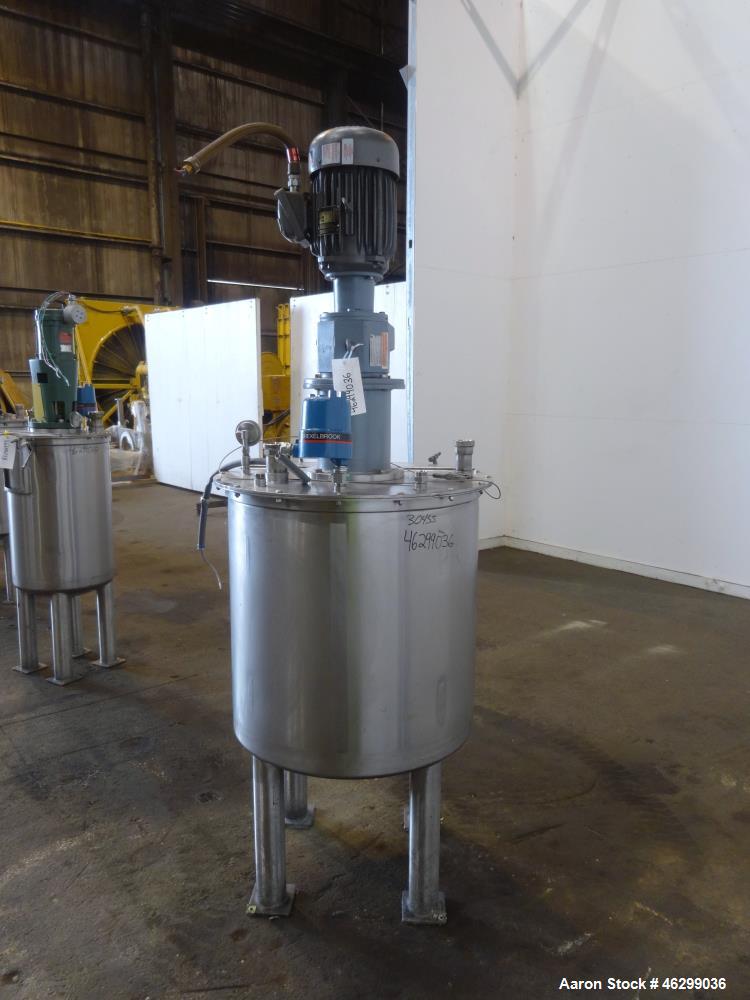 Used Tank, Approximately 80 Gallons, 304 Stainless Steel, Vertical. 30" Diameter x 28" straight side. Bolt-on flat top with 1/3 hinged cover, dished bottom. Top entering agitator, with 2" diameter sh...