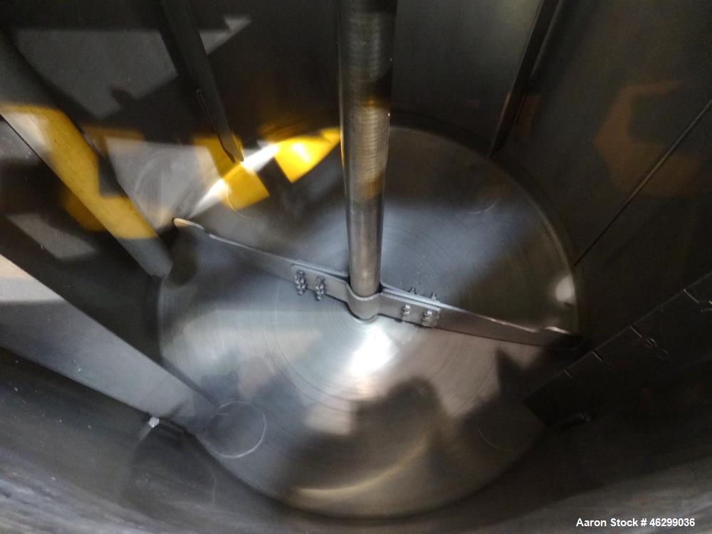 Used Tank, Approximately 80 Gallons, 304 Stainless Steel, Vertical. 30" Diameter x 28" straight side. Bolt-on flat top with 1/3 hinged cover, dished bottom. Top entering agitator, with 2" diameter sh...