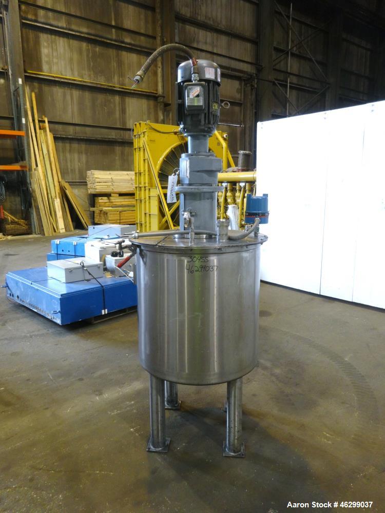 Used Tank, Approximately 80 Gallons, 304 Stainless Steel, Vertical. 30" Diameter x 28" straight side. Bolt-on flat top with 1/3 hinged cover, dished bottom. Top entering agitator, with 2" diameter sh...