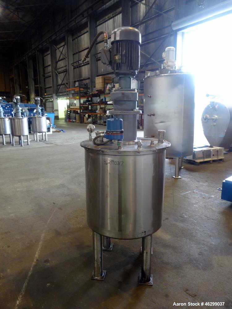 Used Tank, Approximately 80 Gallons, 304 Stainless Steel, Vertical. 30" Diameter x 28" straight side. Bolt-on flat top with 1/3 hinged cover, dished bottom. Top entering agitator, with 2" diameter sh...