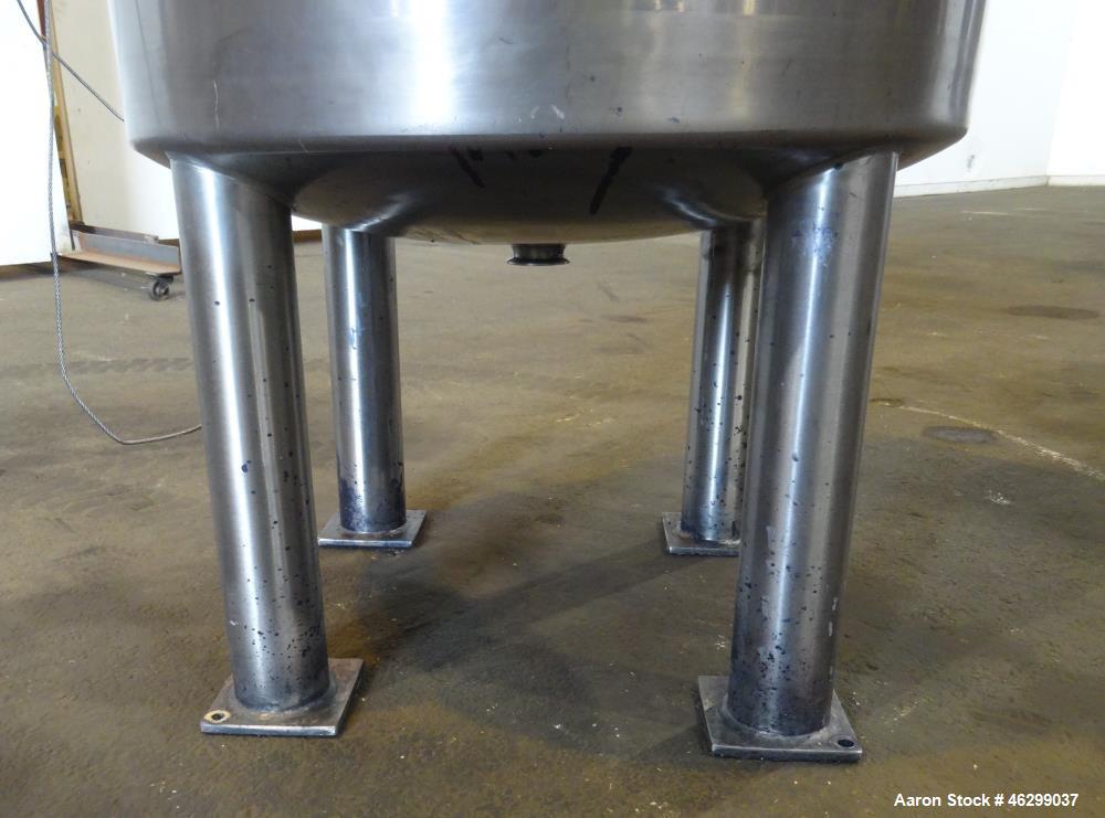 Used Tank, Approximately 80 Gallons, 304 Stainless Steel, Vertical. 30" Diameter x 28" straight side. Bolt-on flat top with 1/3 hinged cover, dished bottom. Top entering agitator, with 2" diameter sh...