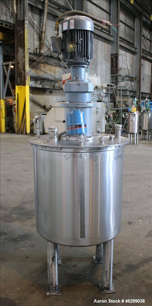 Used Tank, Approximately 80 Gallons, 304 Stainless Steel, Vertical. 30" Diameter x 28" straight side. Bolt-on flat top with 1/3 hinged cover, dished bottom. Top entering agitator, with 2" diameter sh...
