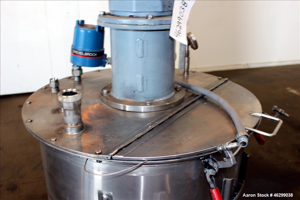 Used Tank, Approximately 80 Gallons, 304 Stainless Steel, Vertical. 30" Diameter x 28" straight side. Bolt-on flat top with 1/3 hinged cover, dished bottom. Top entering agitator, with 2" diameter sh...