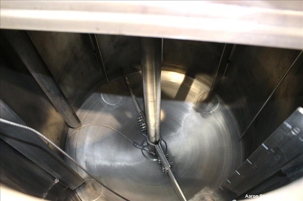 Used Tank, Approximately 80 Gallons, 304 Stainless Steel, Vertical. 30" Diameter x 28" straight side. Bolt-on flat top with 1/3 hinged cover, dished bottom. Top entering agitator, with 2" diameter sh...