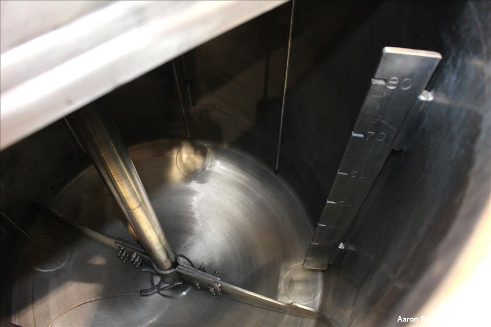 Used Tank, Approximately 80 Gallons, 304 Stainless Steel, Vertical. 30" Diameter x 28" straight side. Bolt-on flat top with 1/3 hinged cover, dished bottom. Top entering agitator, with 2" diameter sh...